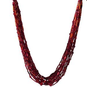 Vintage Boho Chic Red Seed Beaded Chunky Multi Strand Necklace Fashion Jewelry